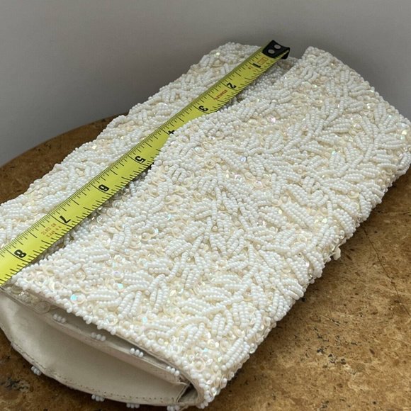 Vintage Stunning White Sequin Beaded Handmade Front Flap Clutch Purse Hong Kong - Picture 11 of 13